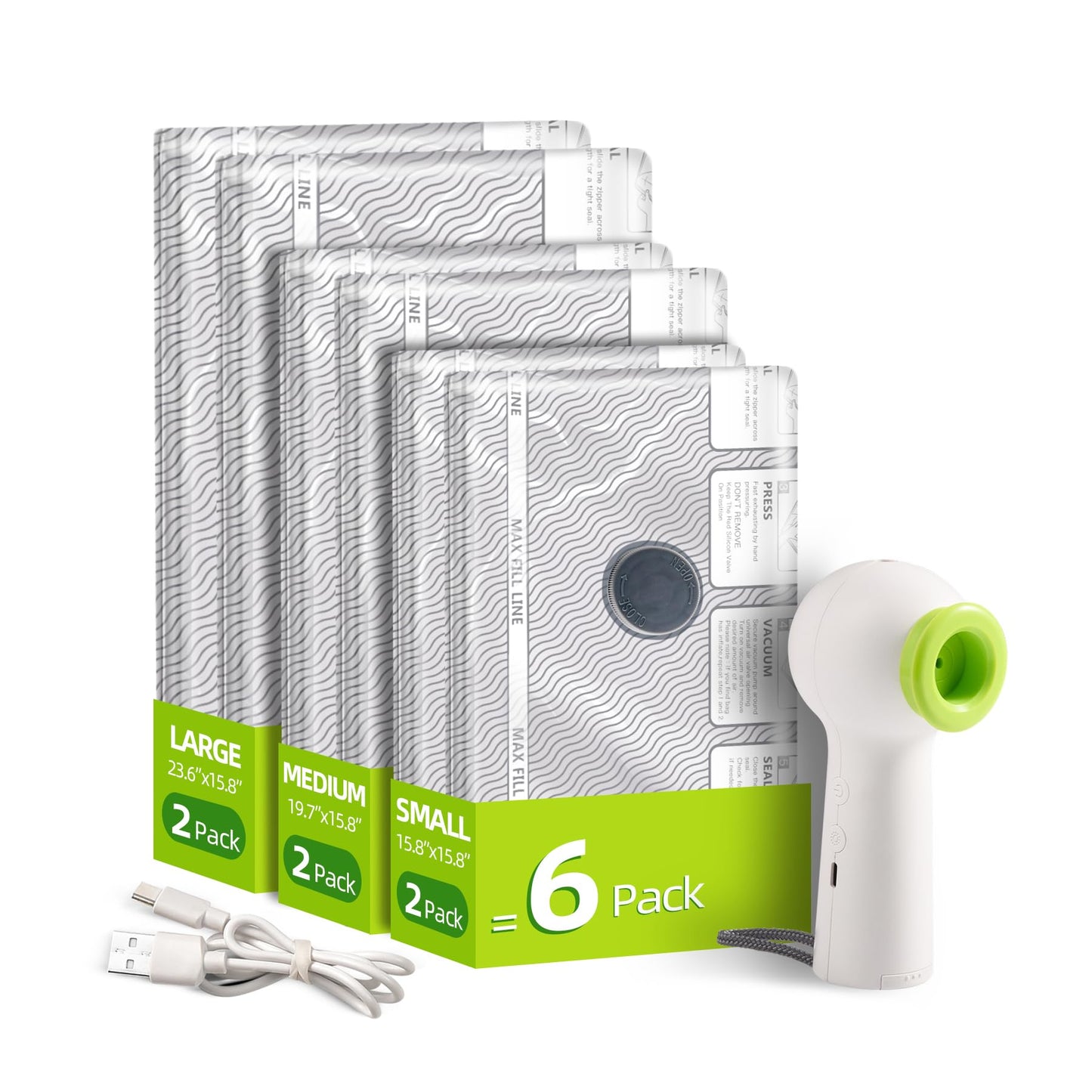 VACKFOX 6 Pack Travel Vacuum Storage Bags with Pump, Vacuum Seal Bags for Clothing, Compression Bags for Travel(2L+2M+2S), Space Saver Kit for Clothes with LED Light