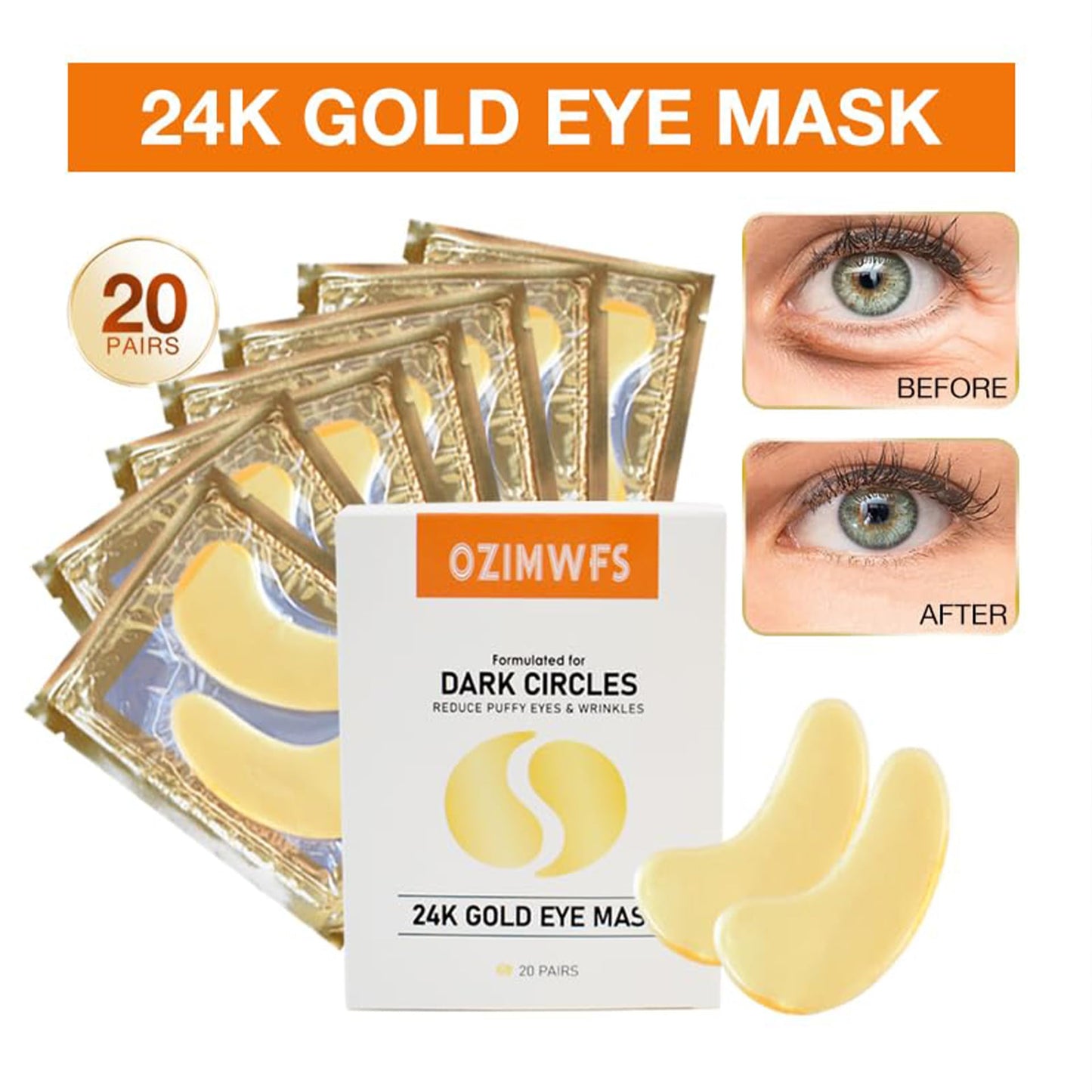 OZIMWFS Organic 24K Gold Eye Mask with Collagen. Treatments reduce Puffy Eyes and Dark Circles Reduce Wrinkles and Fine lines