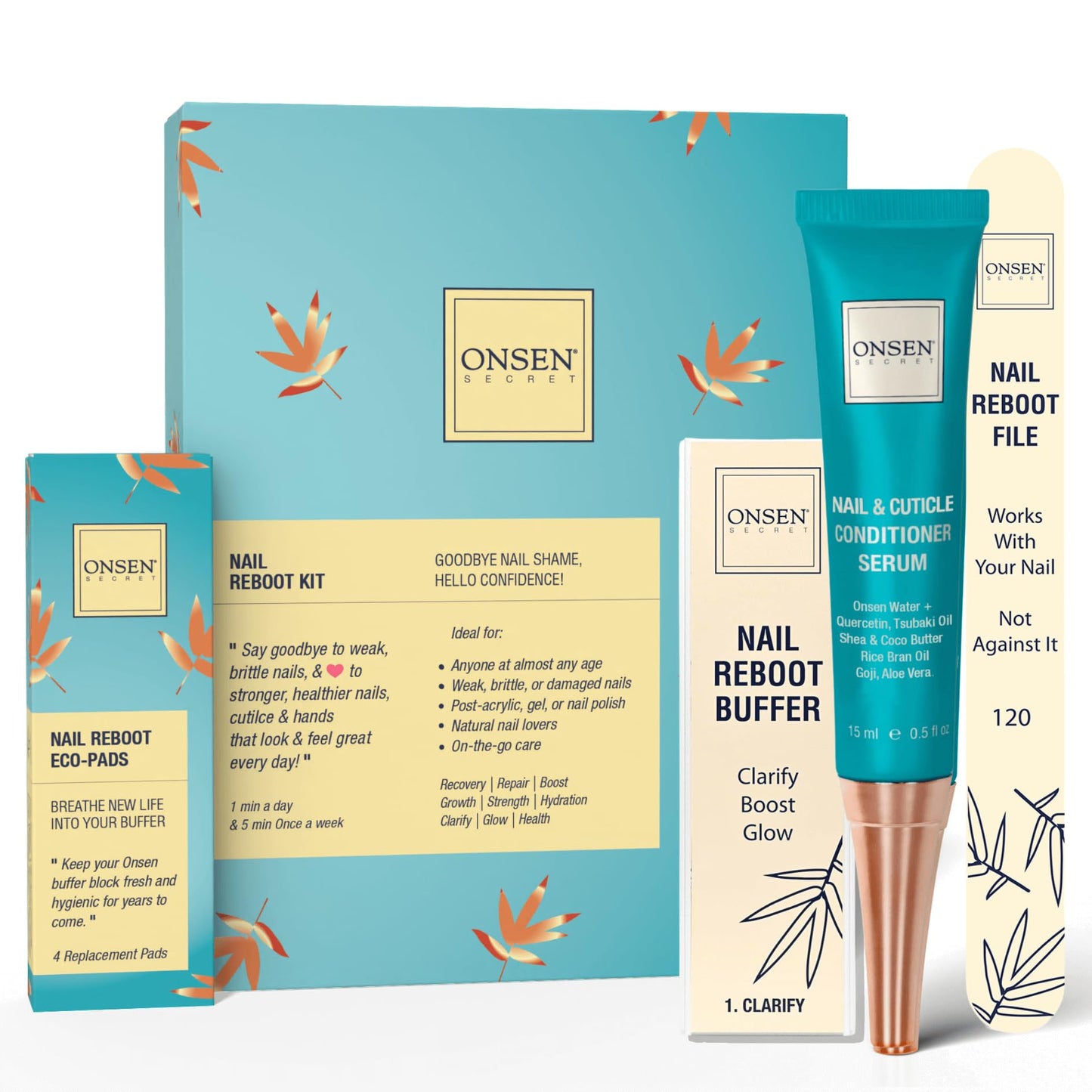Onsen Secret Nail Care Kit - Japanese Nail Buffer and Shine Kit - Strengthening & Shining - Spa-Quality Manicure - Organic Ingredients - Long-Lasting Shine - Easy & Safe - w/Cuticle Care Serum - 1pk
