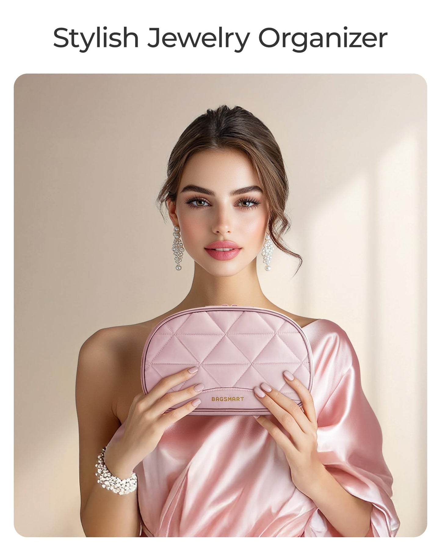 BAGSMART Travel Jewelry Case Jewelry Organizer Storage Roll Rings Necklaces Earrings Bracelets Brooches Watch Large Portable Light Pink