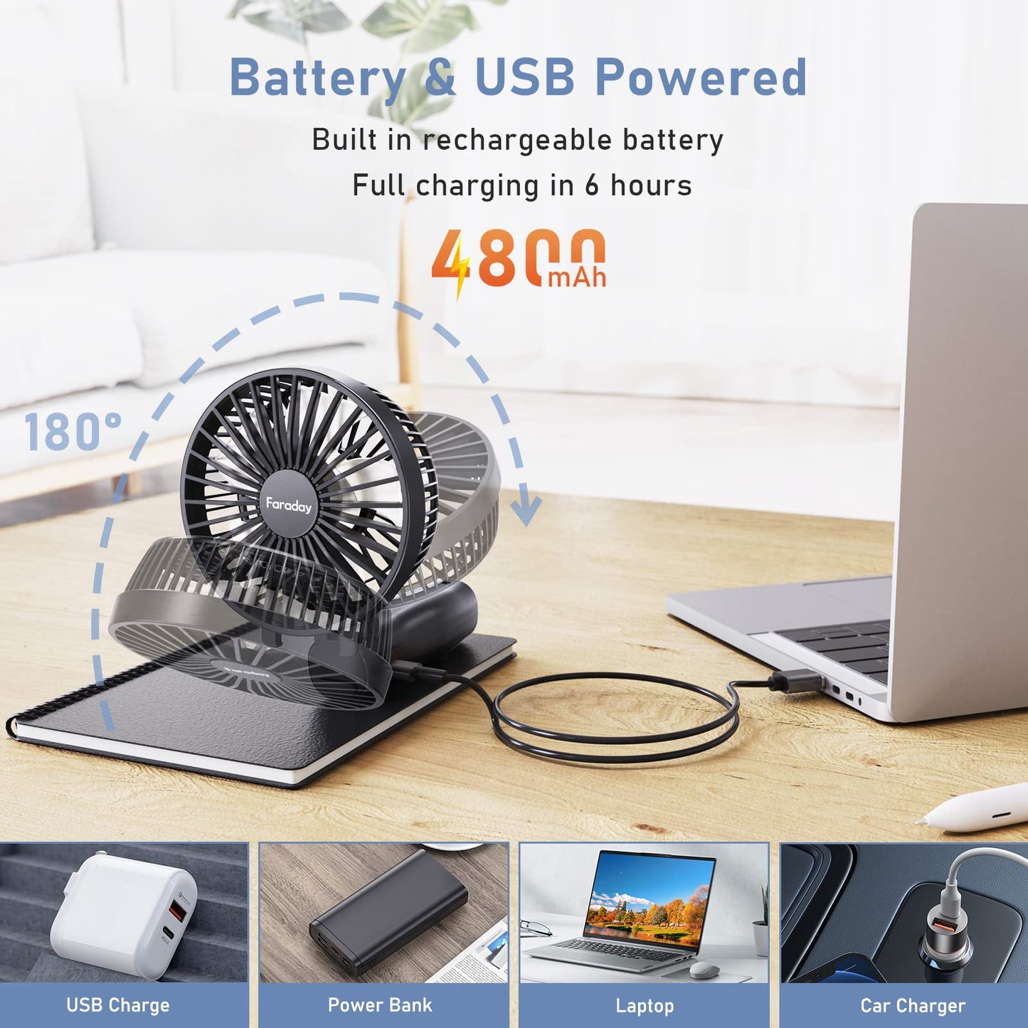 FARADAY Personal Hand Held Fan 4800mAh Travel Cooling Fan Powerful Small Portable Fans Rechargeable Battery Operated Desktop Table Fan for Traveling Hiking, 3 Speed, 6-21 Hours,Black