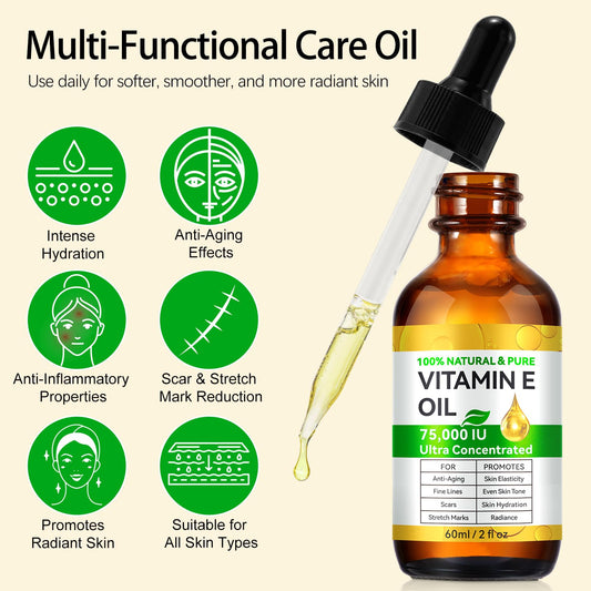 WHLH & WELL-BEING Pure Vitamin E Oil for Skin Face Hair Scars, Blend 75,000 IU, Moisturizing Dry Skin Winkles Hair and Scalp Pack of 2