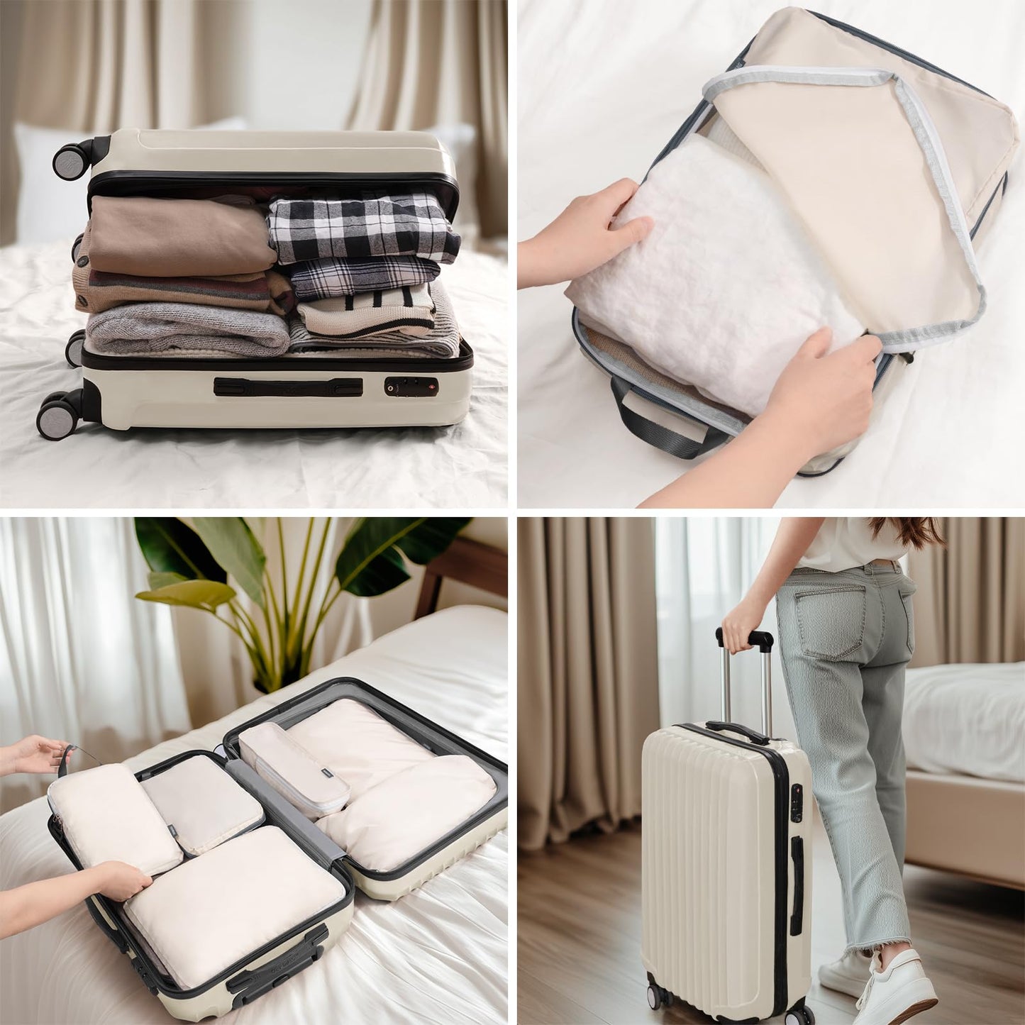 CherryNow Compression Packing Cubes, 7 Set Packing Cubes for Travel Women, Travel Essentials for Backpack, Beige