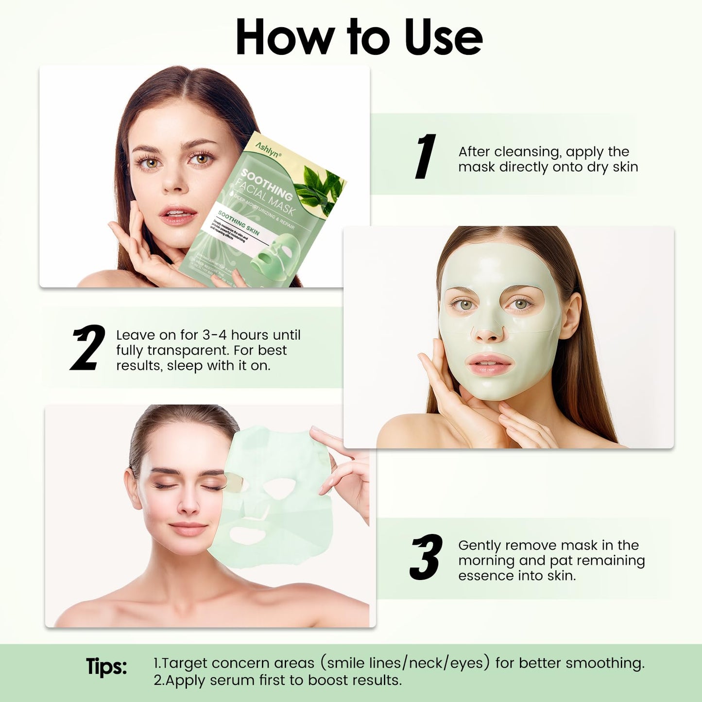 Ashlyn Green Tea Soothing Collagen Face Mask - Overnight Hydrating Sheet Mask with Hyaluronic Acid & Collagen for Sensitive Skin, Deep Moisture Calming Relief for Glass Skin, 35g, 5ea