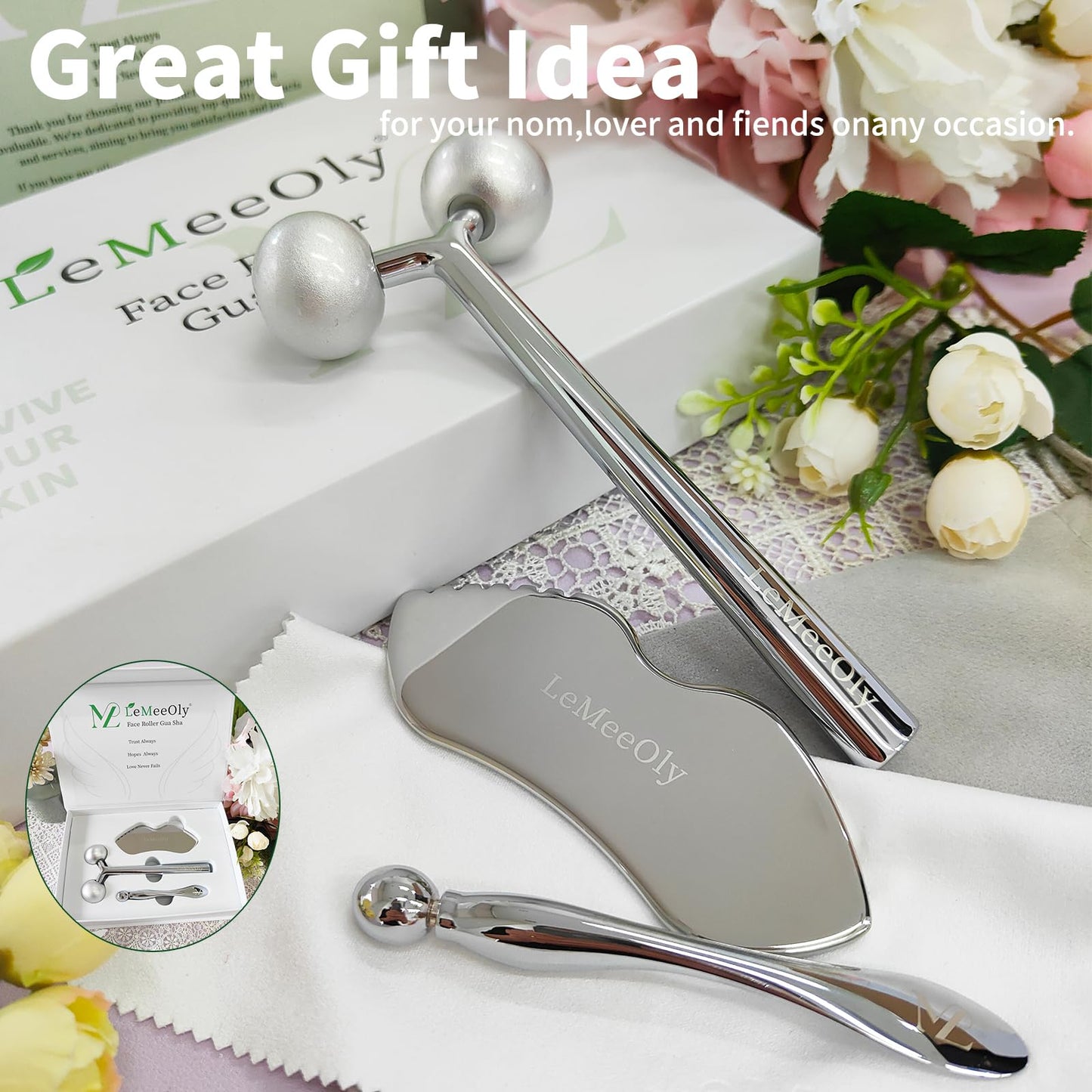 LeMeeOly Face Roller Massager Skin & Gua Sha Facial Tools Stainless Steel, Facial Massage Skin Care for Face Neck Body, Reduce Puffiness Remove Wrinkles, Valentines Gift for Women