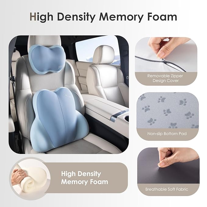 FLORICH Lumbar Support with Car headrest Back Pillow for Chairs Headrest Pillow for Car Ergonomic Ultrathick Memory Foam Back Pillow for Office Chair (Blue)