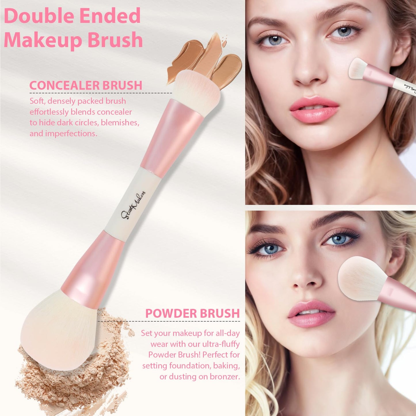 START MAKERS Makeup Brushes 5Pcs Dual Ended Pink Makeup Brush Set for Foundation Blush Bronzer Concealer Contour Powder Highlight Eyebrow Eyeshadow Blending, Travel Makeup Brushes with Bag