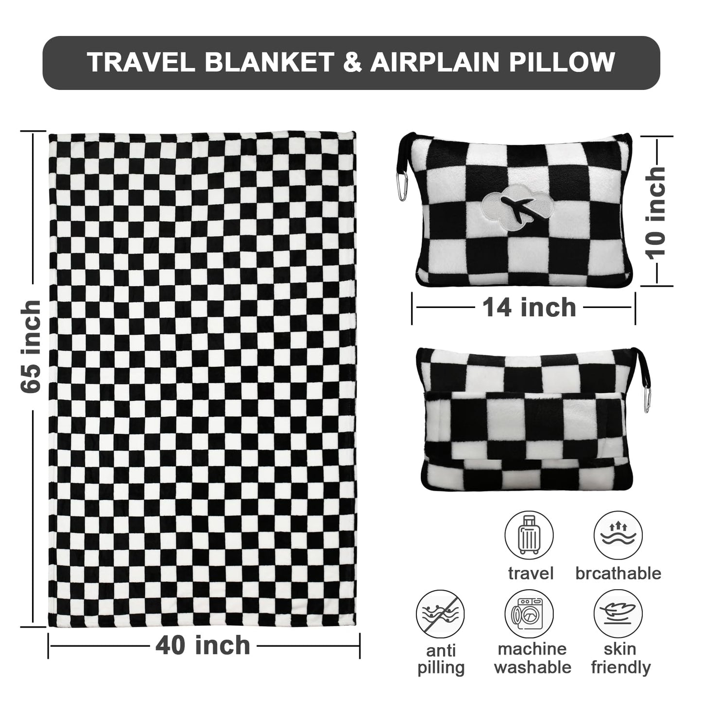 Travel Blanket and Pillow Compact, Premium Soft 2 in 1 Airplane Blanket with Soft Bag Pillowcase,Hand Luggage Sleeve and Backpack Clip (Checkered Black)