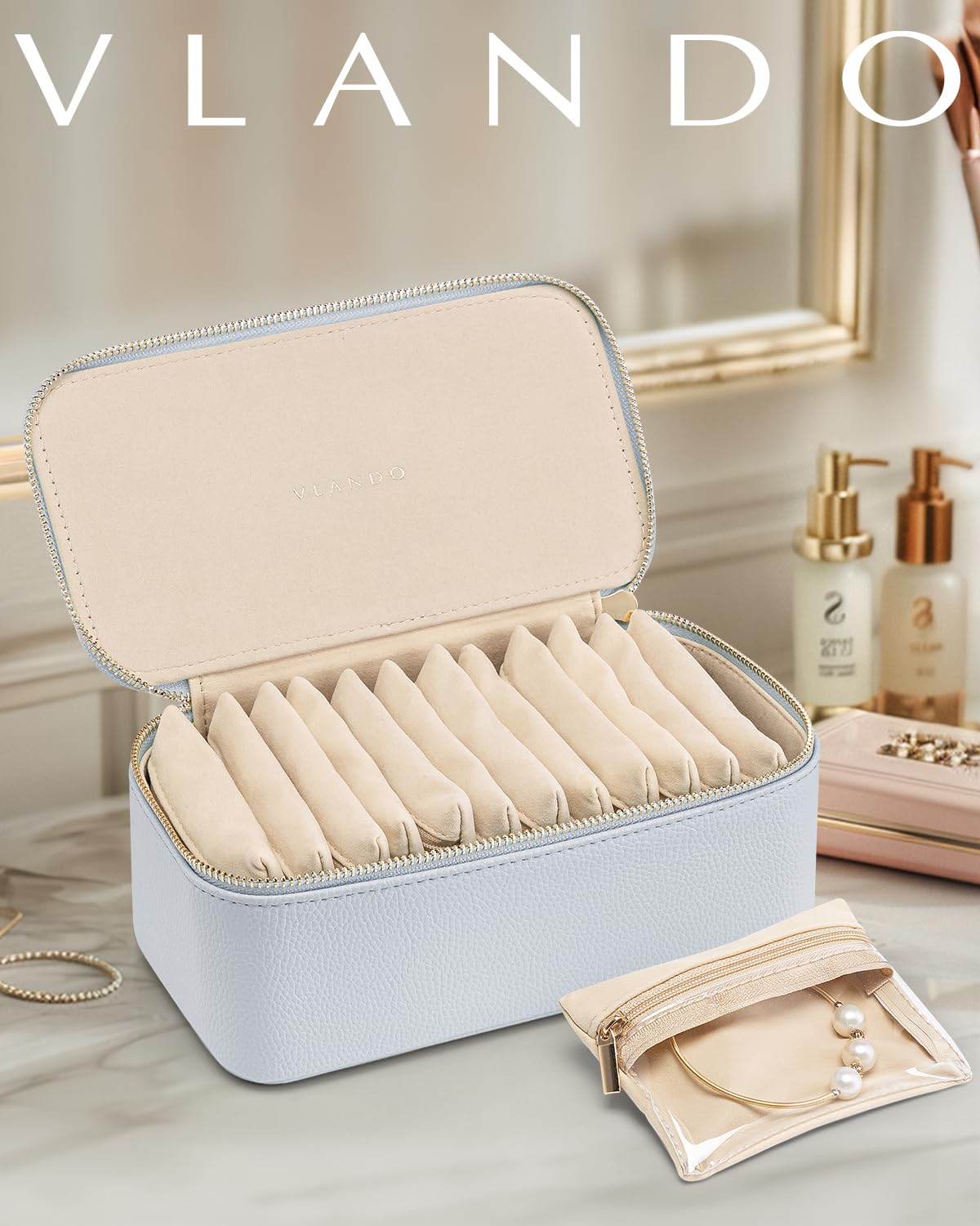 Vlando Travel Jewelry Case,Jewelry Organizer with 12 Pcs Velvet Jewelry Pouches, PU Leather Jewelry Box for Travel Accessories Birthday Christmas Gifts for Women Girls-Baby Blue