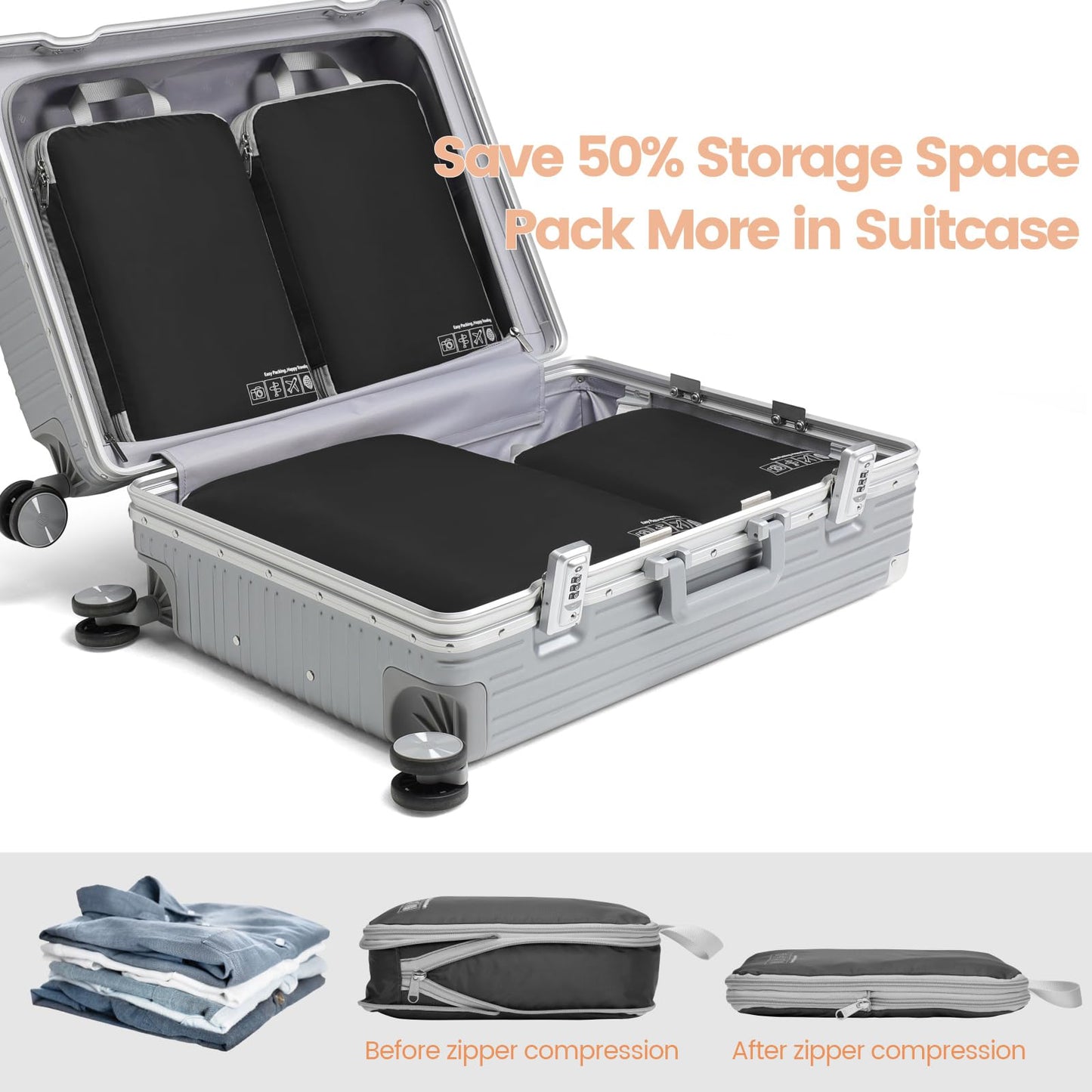 Cambond Compression Packing Cubes for Travel Women, 3 Pack Travel Bags Luggage Packing Organizers Essentials Compression Cubes for Carry on Suitcases, Black