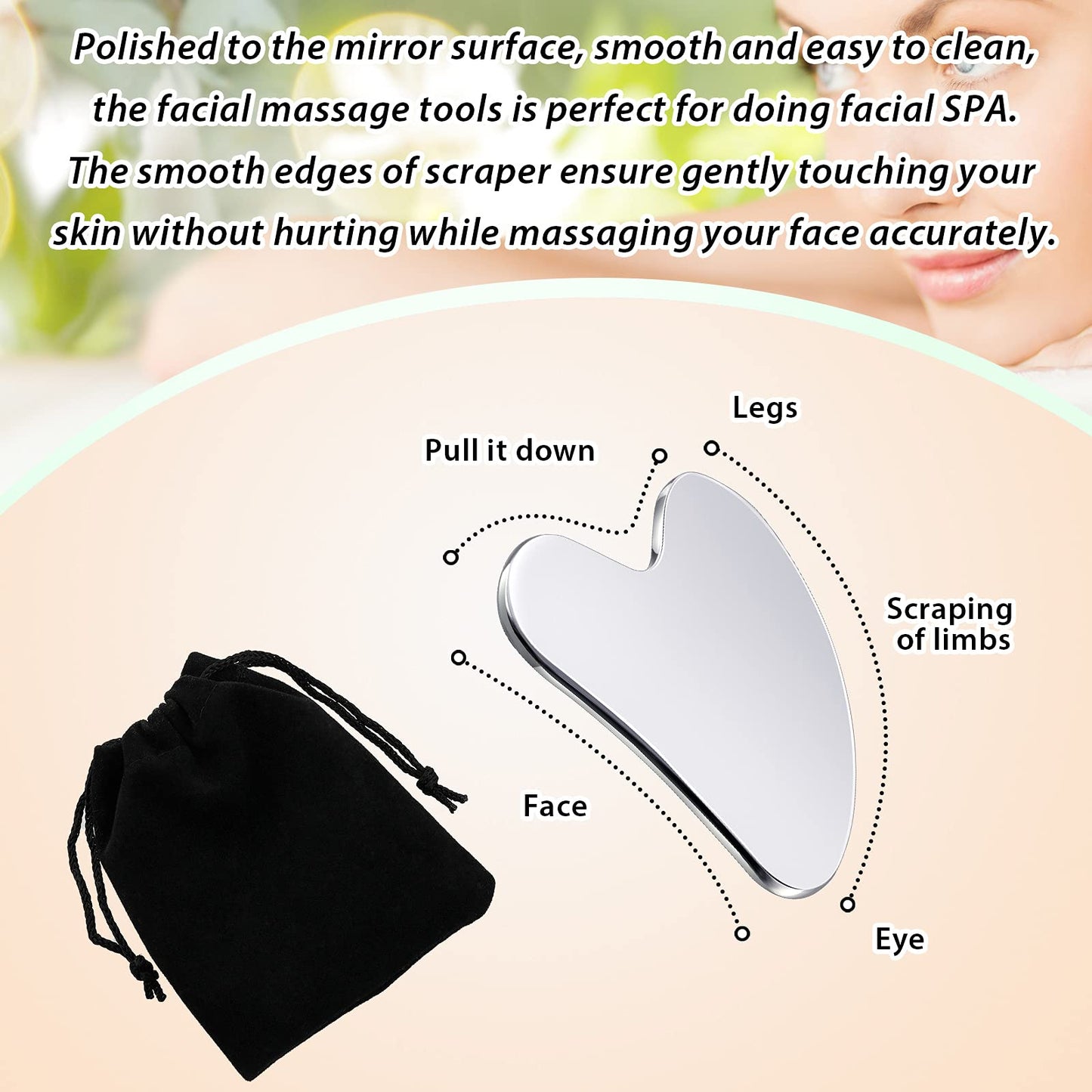 Nuanchu Stainless Steel Gua Sha Facial Tools Lymphatic Drainage Massager Guasha for Face Metal Gua Sha Skin Self Care Gifts Face Sculpting Guasha for Body Eyes Jawline Shaper with Pouch(Silver)