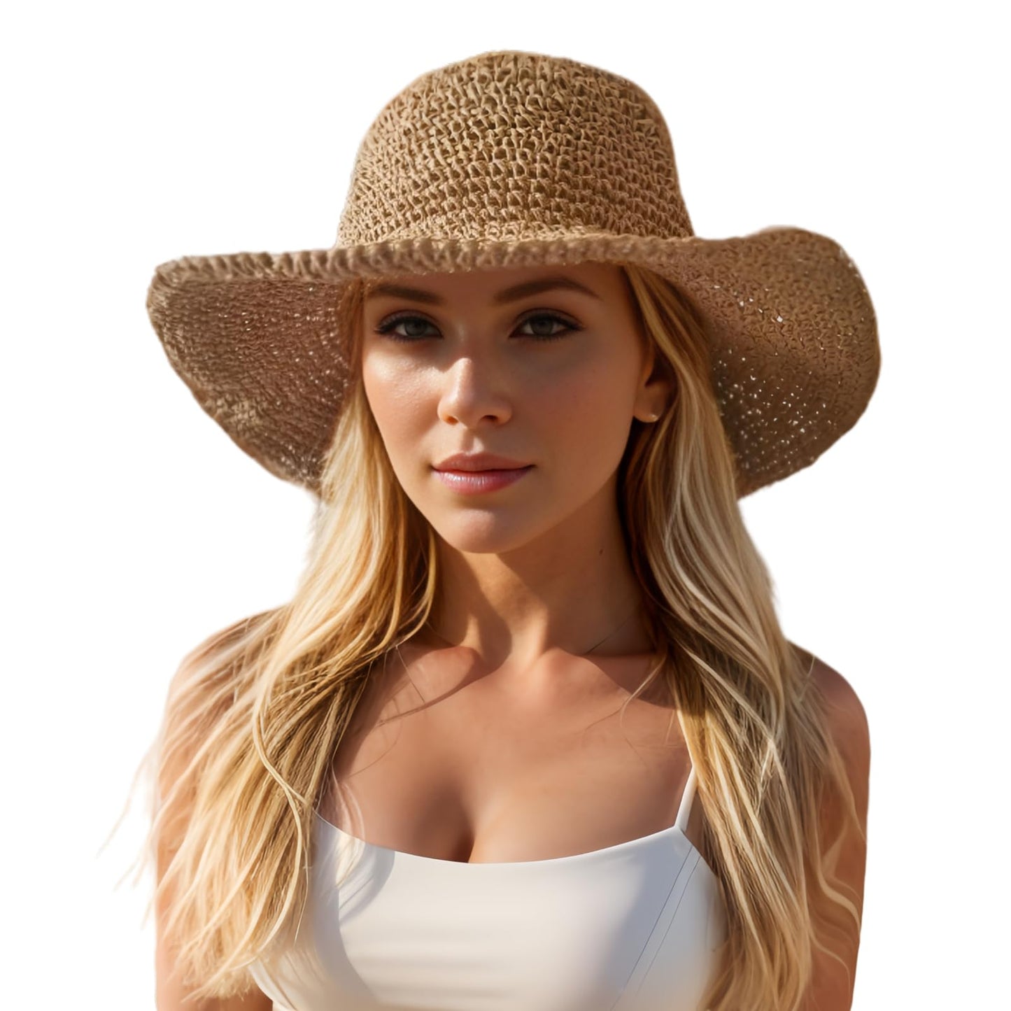 Womens Sun Hats Wide Brim Summer Beach Hat for Women Foldable Travel Fedora Handmade Crochet Straw Hat Packable UPF50+, Khaki