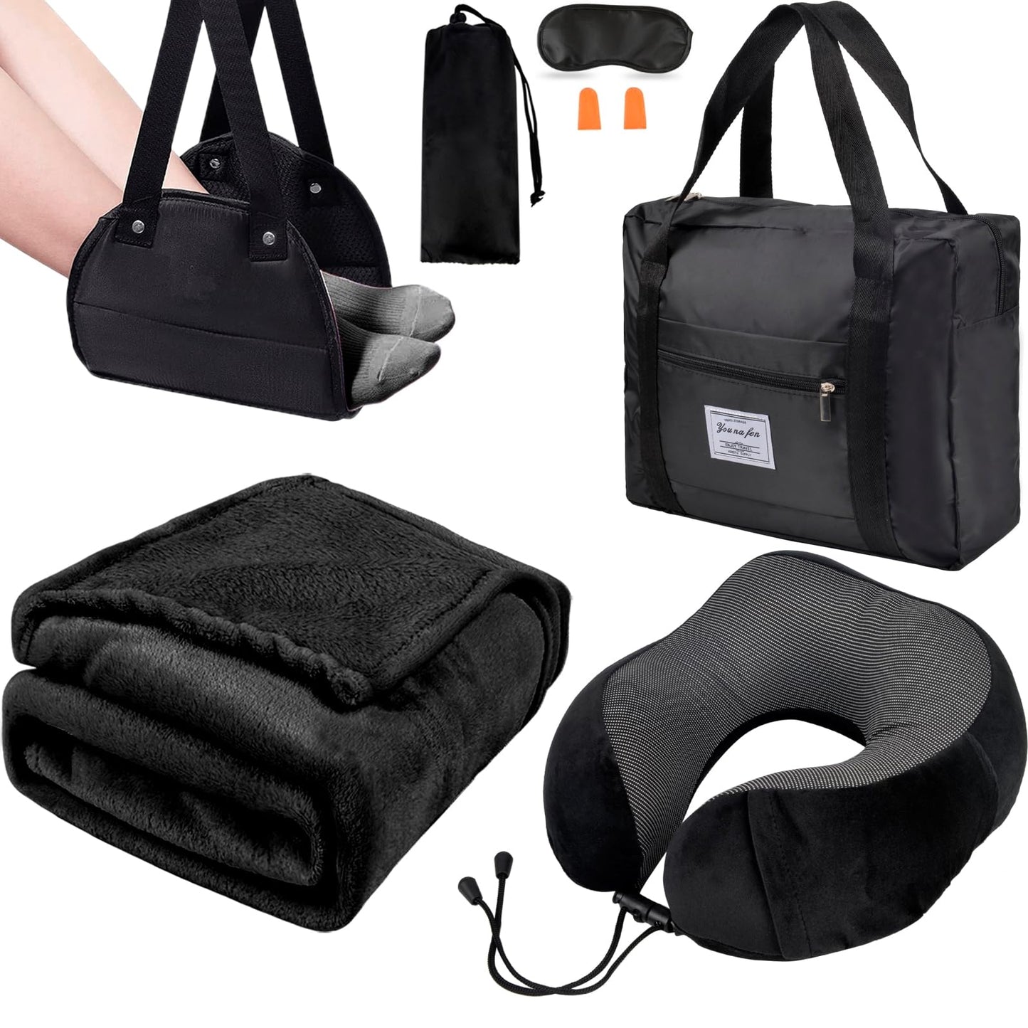Travel Pillow and Blanket Set & Foot Rest, Memory Foam Neck Pillow Airplane Blanket & Airplane Foot Hammock & Foldable Duffel Bag, Eye Mask & Earplugs, Portable Travel Accessories Essentials, Black
