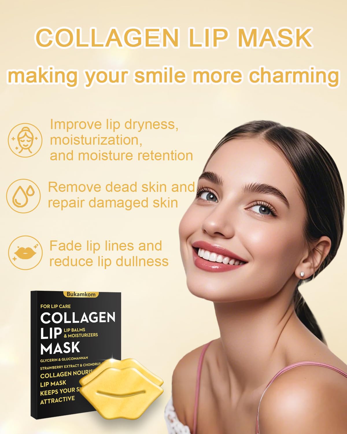 Bukamkom Collagen Lip Mask Patches Golden Sheets 20 Pack,24k Gold Overnight Lips Masks Moisturized Lips,Soothing & Nourishing Moisture,Anti-Aging,Bulk Lip Patches masks Individually Wrapped