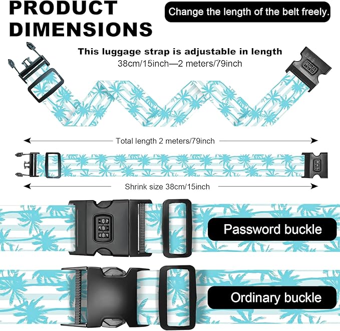 2 Pack Luggage Straps, Adjustable Cute Printing with Combination Lock Luggage Straps for Women Men Travel School Business Trips-Coconut Trees