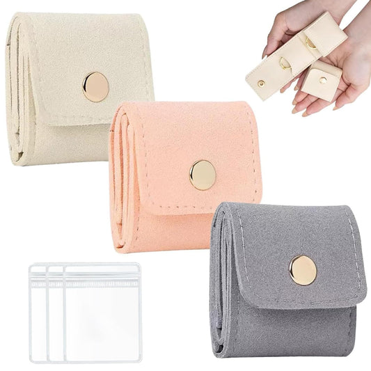 Mini Travel Jewelry Bag, 3PCS Mini Travel Jewelry Roll Bag with Buckle, Portable Foldable Travel Jewelry Organizer Case for Earrings, Rings, Necklaces