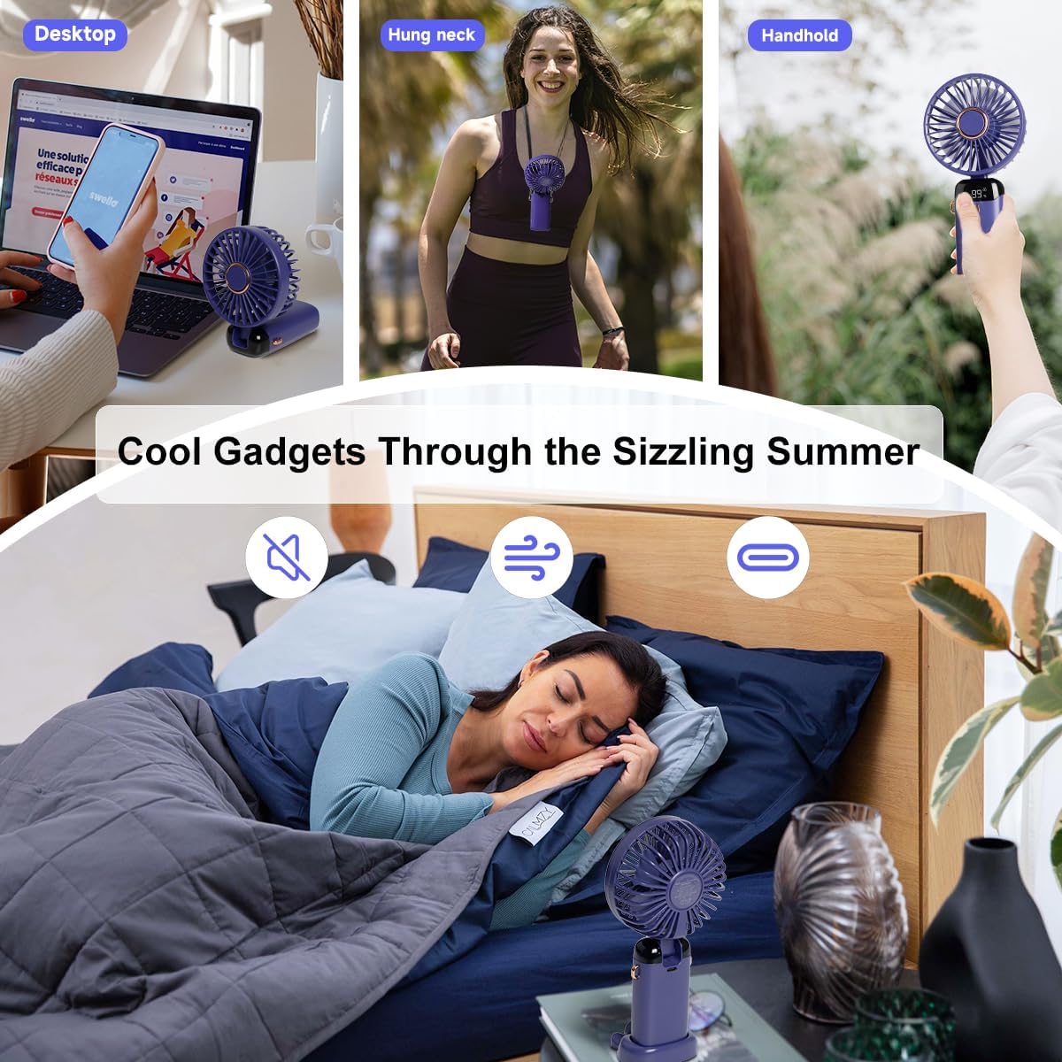 Aucoofany Portable Handheld Fan, 12 hours, Upgrade 3200mAh Portable Fan with LED Display, 90° Foldable, 5 Speed Wind,Hand Held/Neck/Desk 3 in 1 Personal Small Fans, Makeup Fans for Women (Purple)