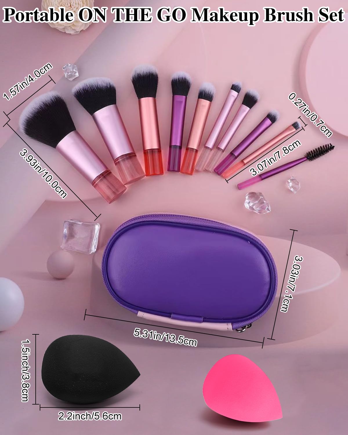 PGRODE Mini Travel Makeup Brushes Set, 14 Pieces, Portable Full Complete Function Cosmetic Kit with Brush Pouch, On the Go Short Makeup Brush Small Travel Essentials for Women, Girls (Colorful)
