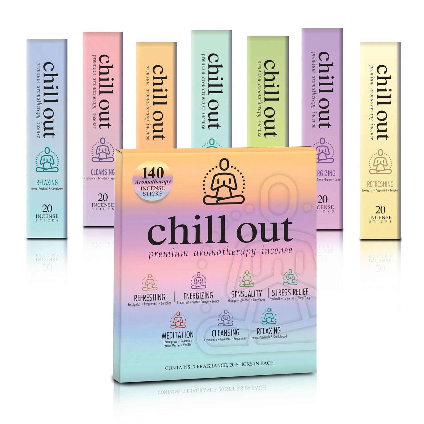 Mecka Chill Out Aromatherapy Incense Sticks Gift Set | Set of 7 Unique Scents- 140 Insence-Sticks for Yoga, Relaxation, Meditation & Positivity | Premium Organic and Slow Burning Insenses