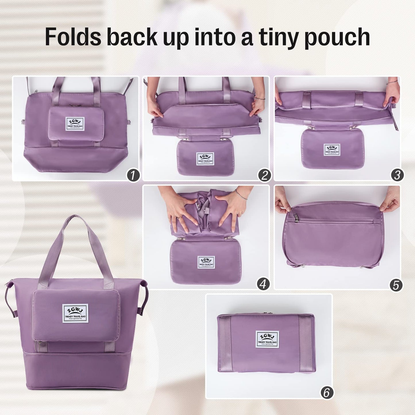 Expandable Travel Tote Bag for Women - Foldable Overnight Weekender, Carry-On, Hospital & Workout Bag - Fits Spirit Airlines Personal Item Size - Lightweight & Durable with Trolley Sleeve, Purple