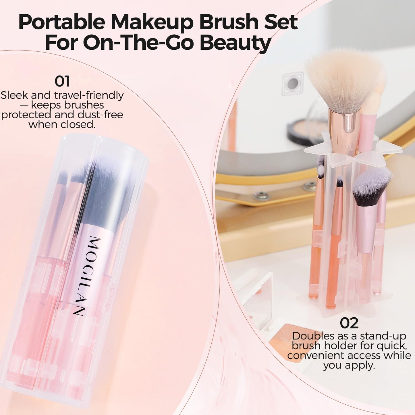 MOGILAN Travel Makeup Brush Set – Portable 6PCS Mini Cosmetic Brushes for Foundation, Concealer, Eyeshadow, Blush, Powder, Contour & Highlight, On-the-Go Makeup Brush Kit with Travel Case