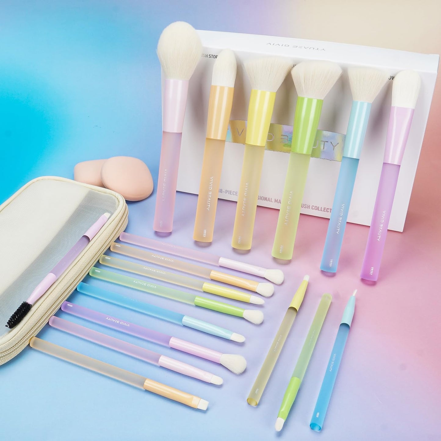 Makeup Brushes, 18Pcs Makeup Brush Set with 2 Sponges & Travel Bag, Colorful Make Up Brushes for Foundation Powder Blush Blending Eyeshadow, Soft Synthetic Fiber, Rubber Handle, Face & Eye Brush Kit