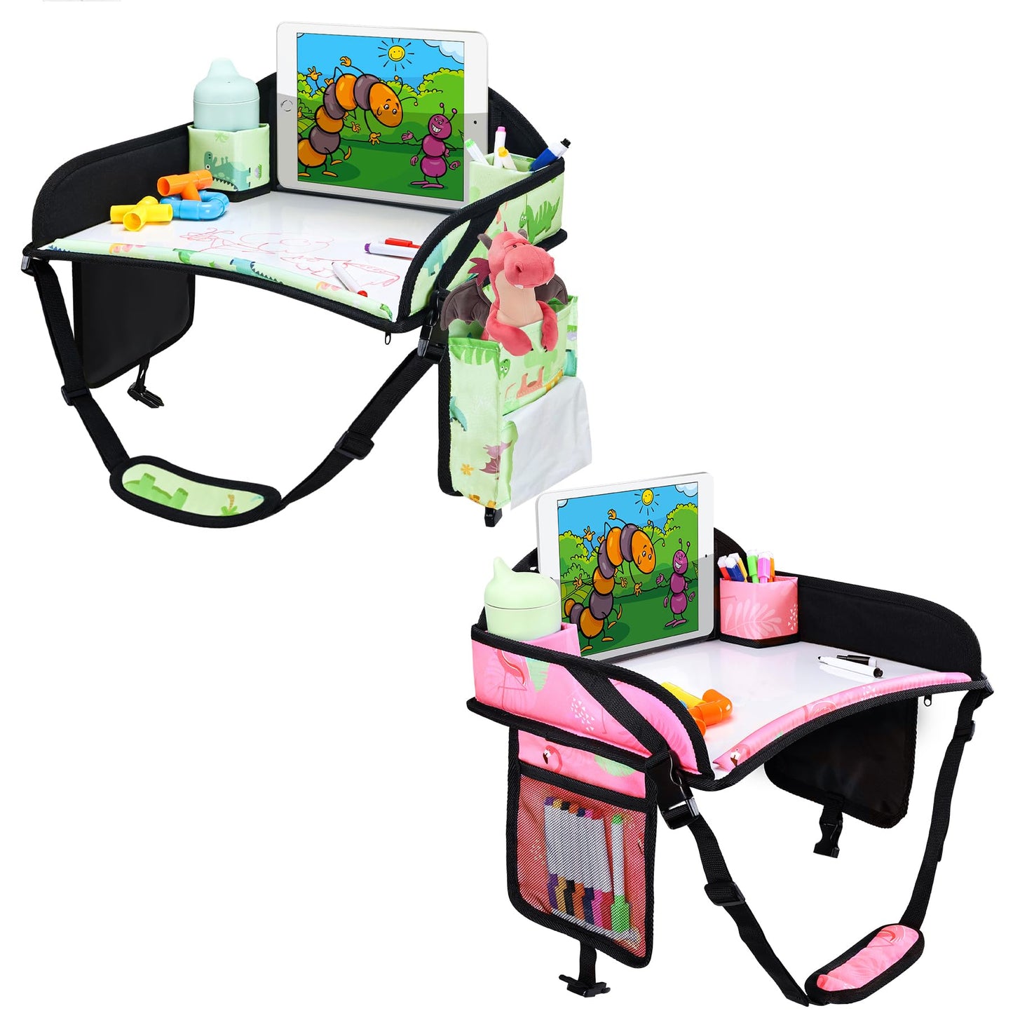 WENRENER 2PCS Kids Travel Tray, Car Seat Tray for kids Travel, Toddler Road Trip Essentials With Drawing Kit, Toddler Lap Desk Organizer for Car, Carseat Table for Airplane