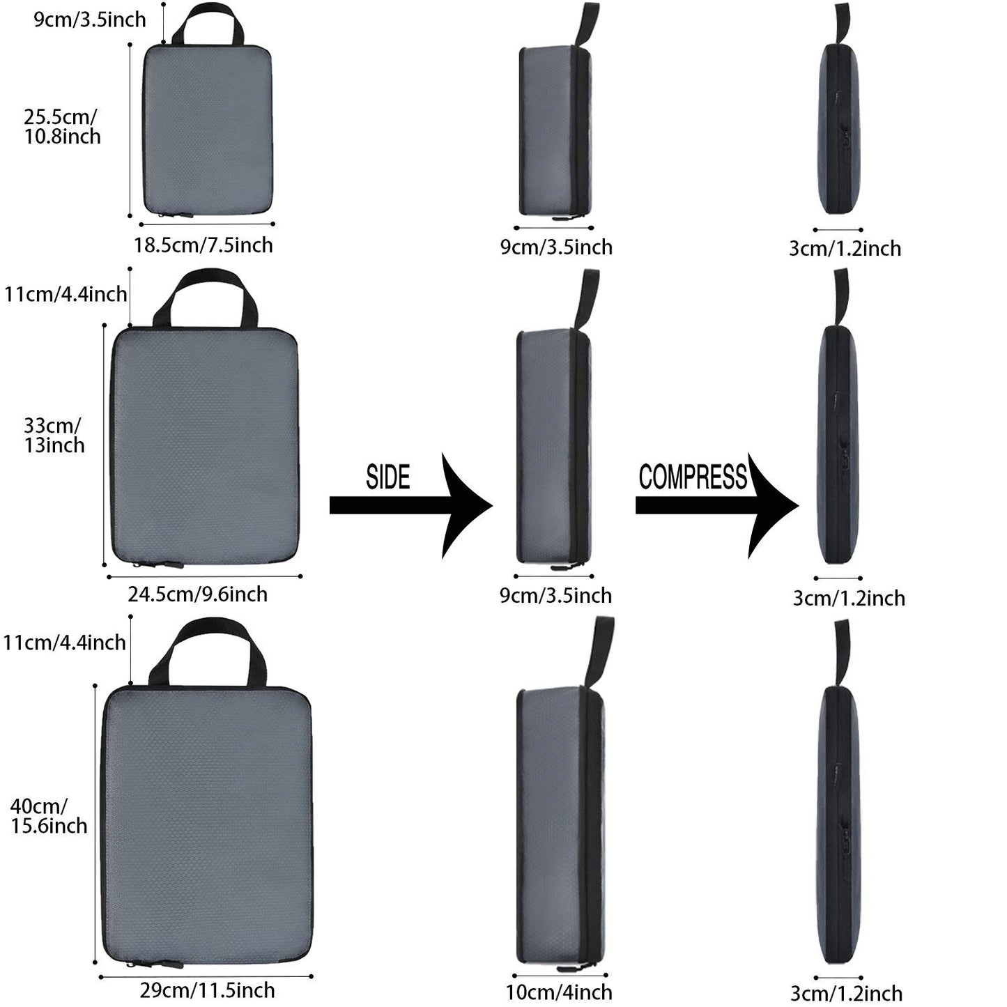YZAOLL 3 Set/6 Set/7 Set Compression Packing Cubes Travel Accessories Expandable Packing Organizers,Travel Essentials for Carry on 3 Set Gray