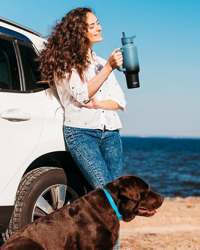 BUZIO 40 oz Tumbler with Handle and Straw, Stainless Steel Insulated Water Bottle Fits in Cup Holder with Straw & Spout Lid, Leak-Proof BPA-Free Travel Tumbler Keep Cold 48hrs &Hot 24hrs, Indigo Crush
