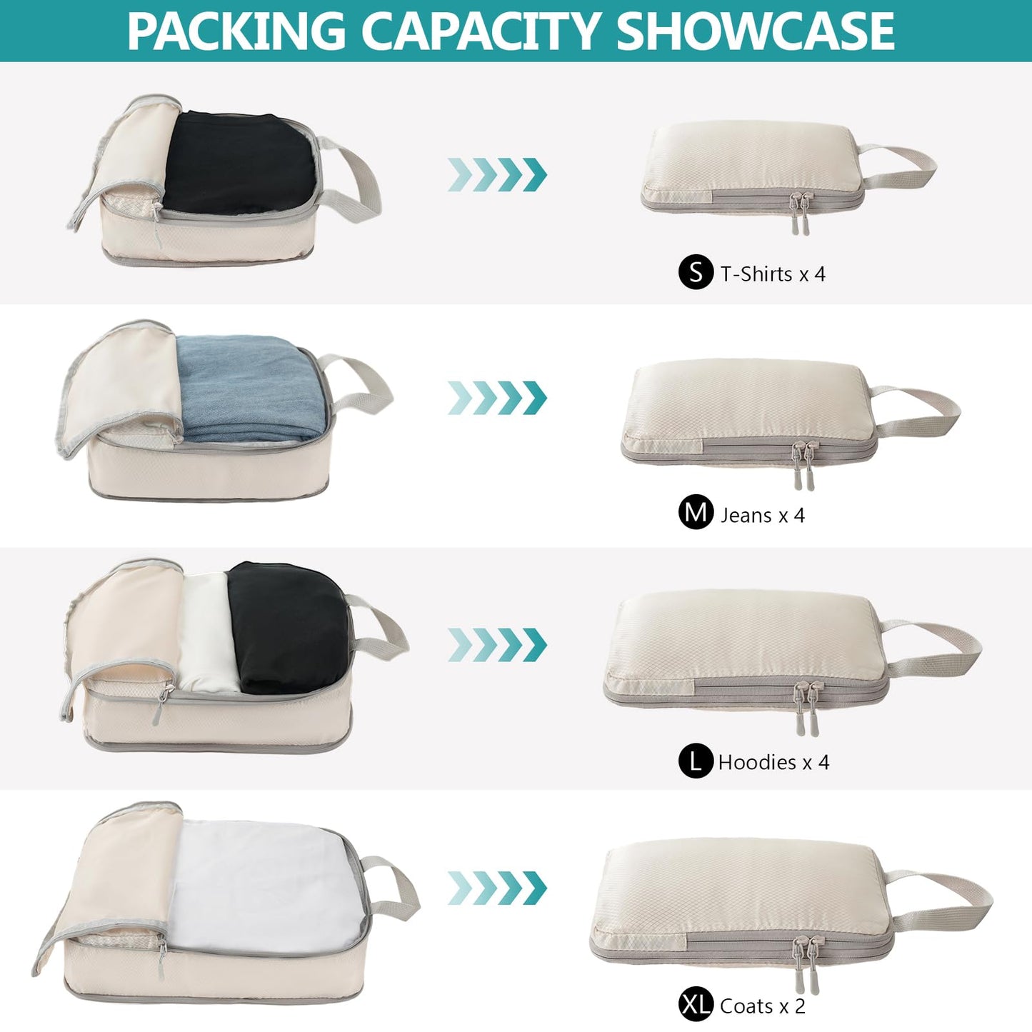 Compression Packing Cubes for Travel, 4 Set Suitcase Organizer Bags for Luggage, Lightweight Luggage Organizer Bags, Travel Cubes for Carry on, Off-White