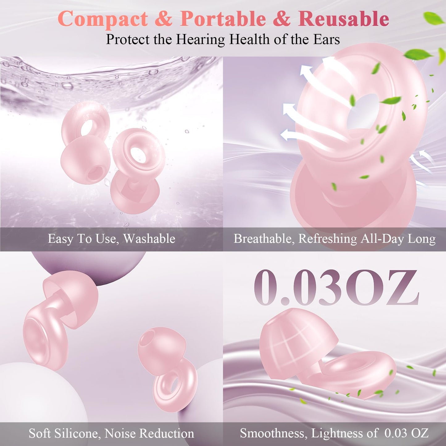 Ear Plugs for Sleeping Noise Cancelling, 30dB Noise Reduction Earplugs, Soft Silicone Reusable Hearing Protection Earplugs for Deep Focus, Work, Travel, Concert with Case & 8Eartips,HTB-Pink