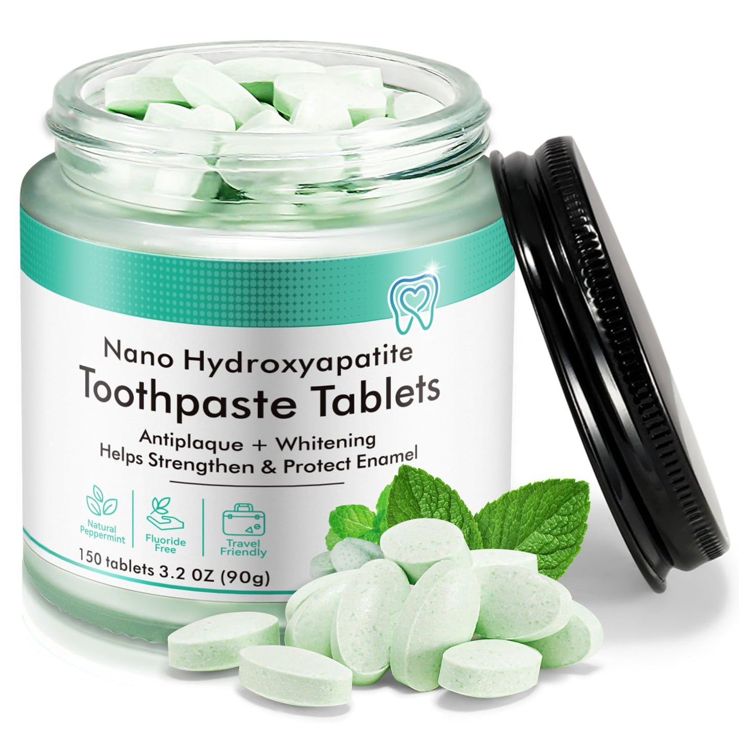 Toothpaste Tablets 150pcs Chewable Whitening - for Sensitive Teeth & Antiplaque - Nano Hydroxyapatite, Natural Peppermint, Fluoride Free - Strengthen & Protect Enamel - Fresh Breath, Glass Jar