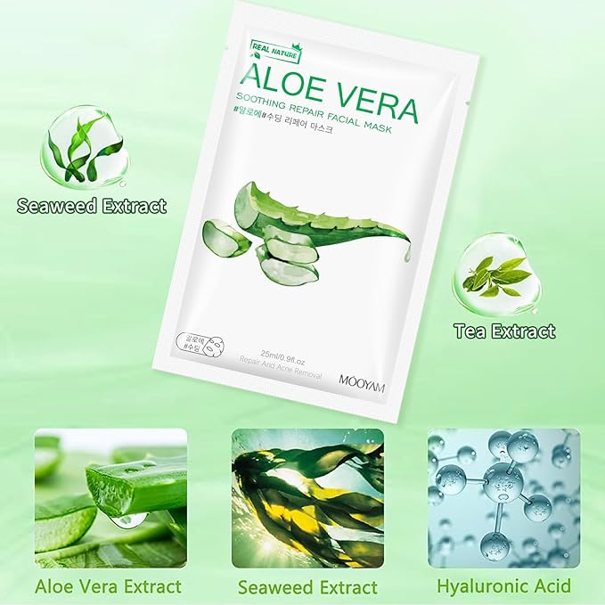 10 Sheets Aloe Vera Face Masks Skincare, Hydrating Face Mask Skincare For Dry, Oily, Sensitive Skin, Aloe Facial Masks Skin Care Sheet For Moisturizing, Soothing, Calming, Sun Care