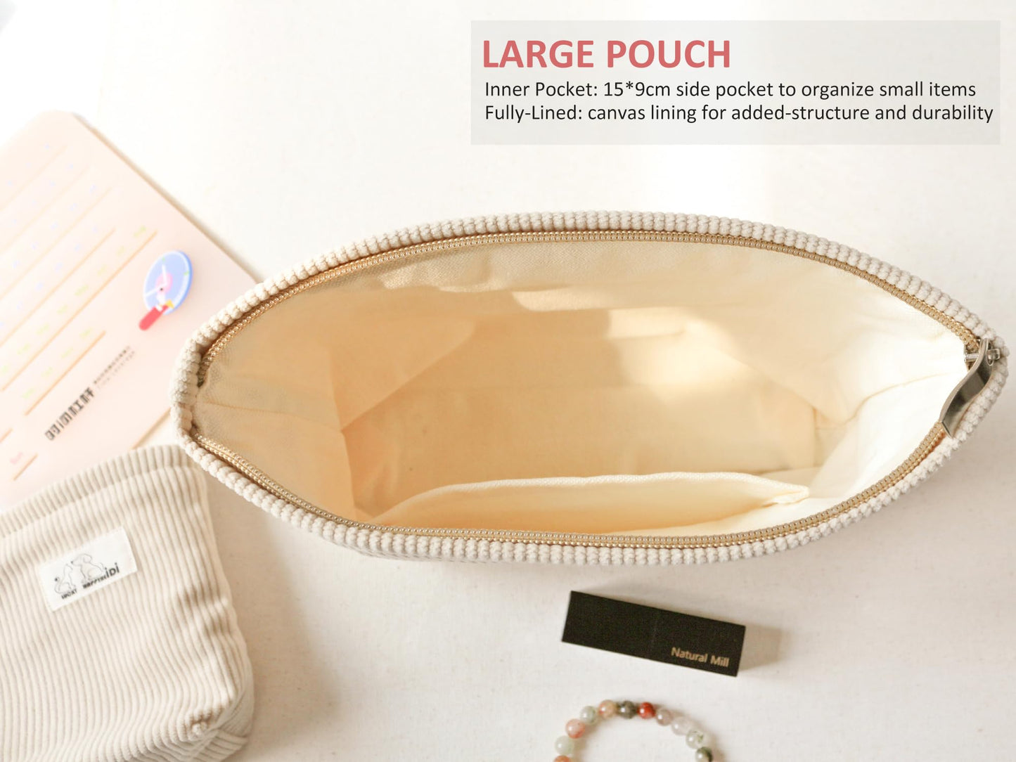 HAPPYHEIDI Large Corduroy Makeup Bag Compartment Cosmetic Toiletry Travel Accessory Pouch Purse Organizer, Soft Creamy Pink