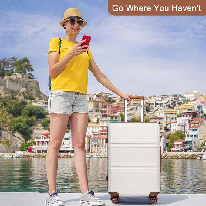 Kono 24 Inch Luggage Suitcase Lightweight with Spinner Wheels TSA Lock Hardside Medium Checked Luggage Durable Rolling Suitcase Cream White