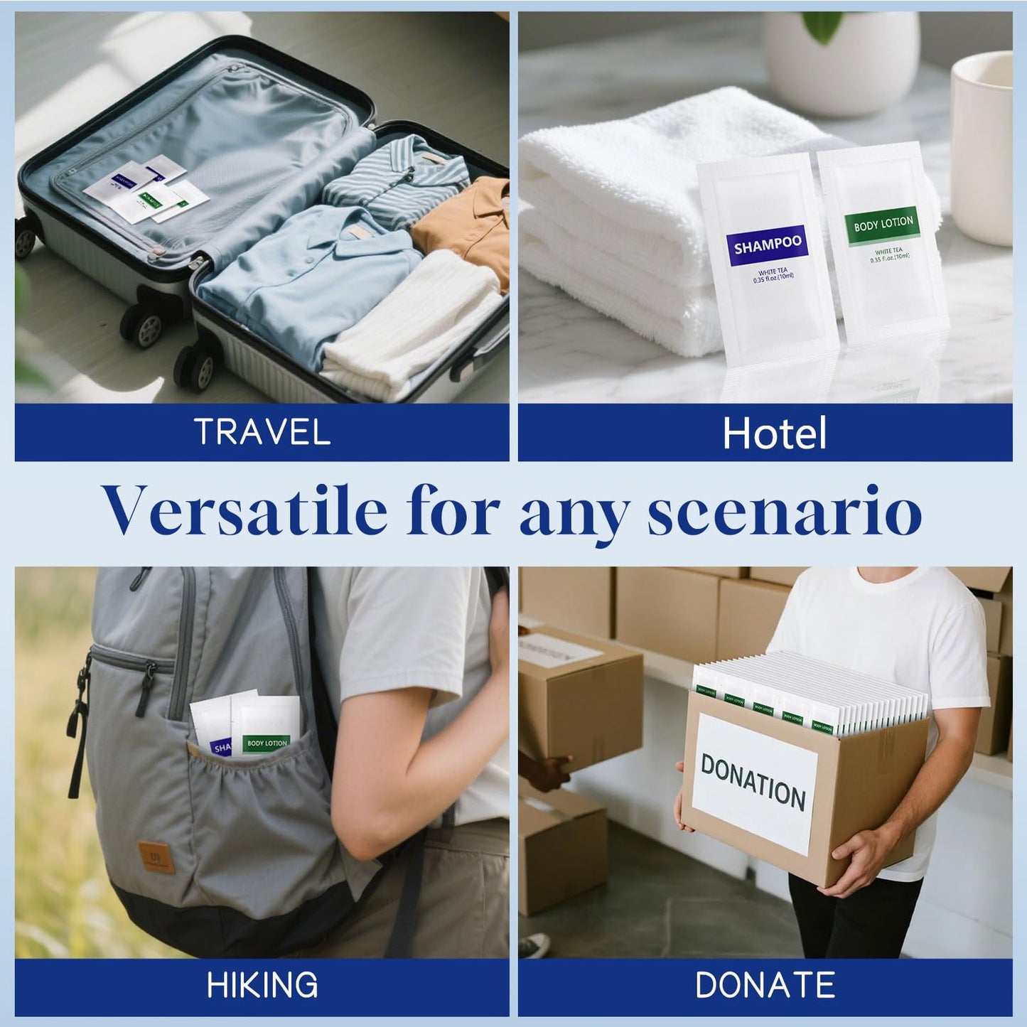 Travel Size Body Wash and Shampoo Bulk,Refreshing White Tea Scent,0.35 fl oz,Individually Wrapped Mini Shower Gel Shampoo Hygiene Kits for Travel/On The Go/Homeless Care/Hotel Guests(Pack of 200)