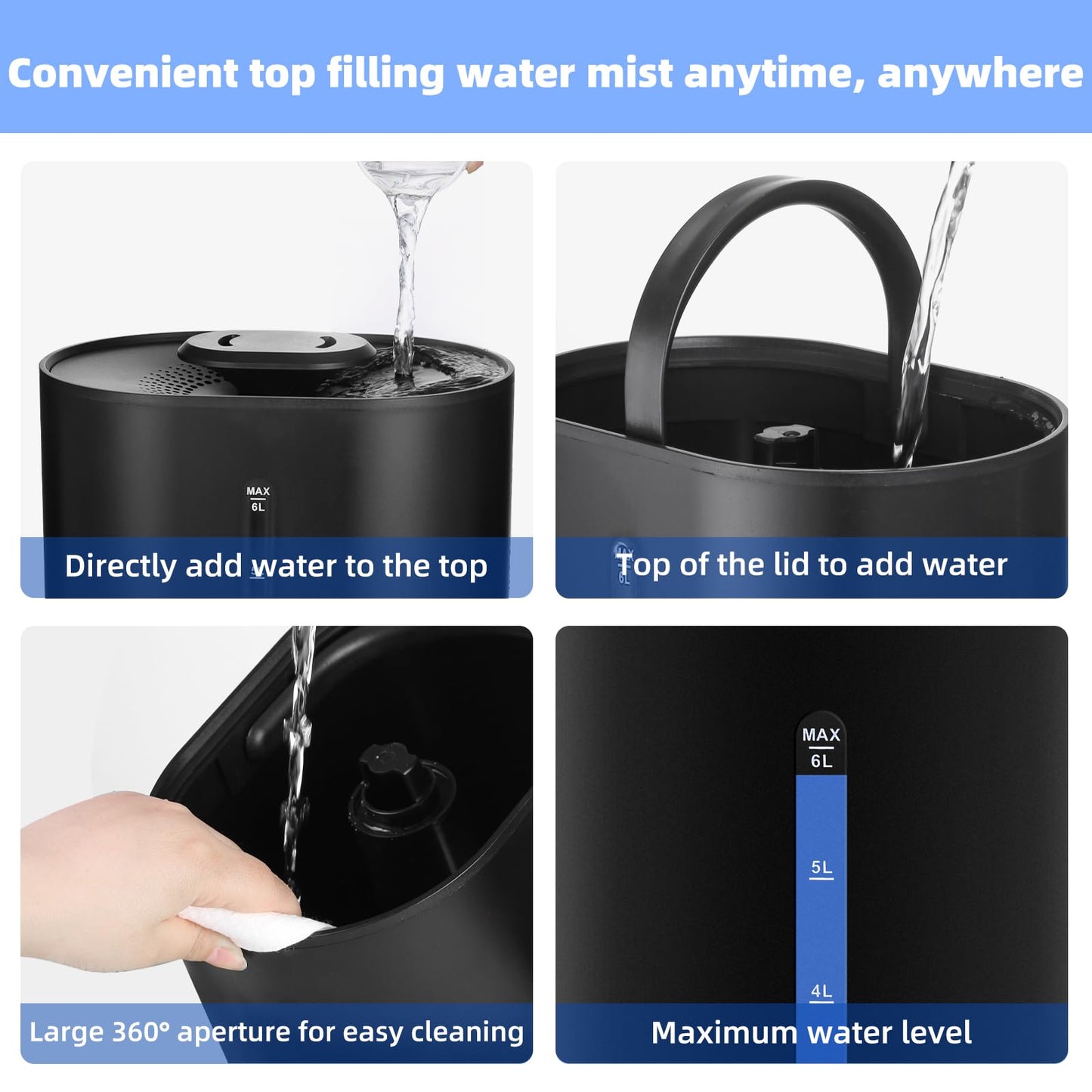 6L Humidifiers for Bedroom Large Room Home, Cool and Warm Humidifier for Plants Mist Top Fill Desk Humidifier Essential Oil Diffuser, Quiet Humidifiers with Adjustable Mist,360°Nozzle-Midnight Black