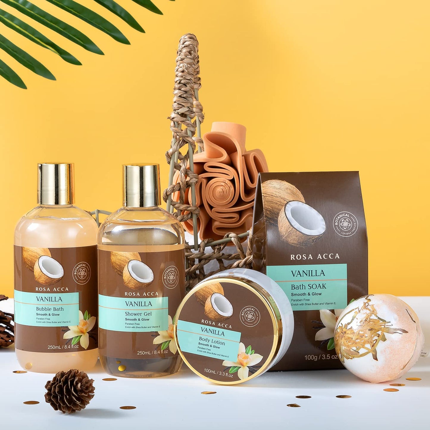 Spa Gift Basket for Women and Men, 7pcs Vanilla Coconut Bath and Body Self Care Set With Bath Bomb, Relaxation, Shower Gel, Parfume Lotion, Spa Kit, Skin Care Set, Birthday, Bridal Shower, Christmas