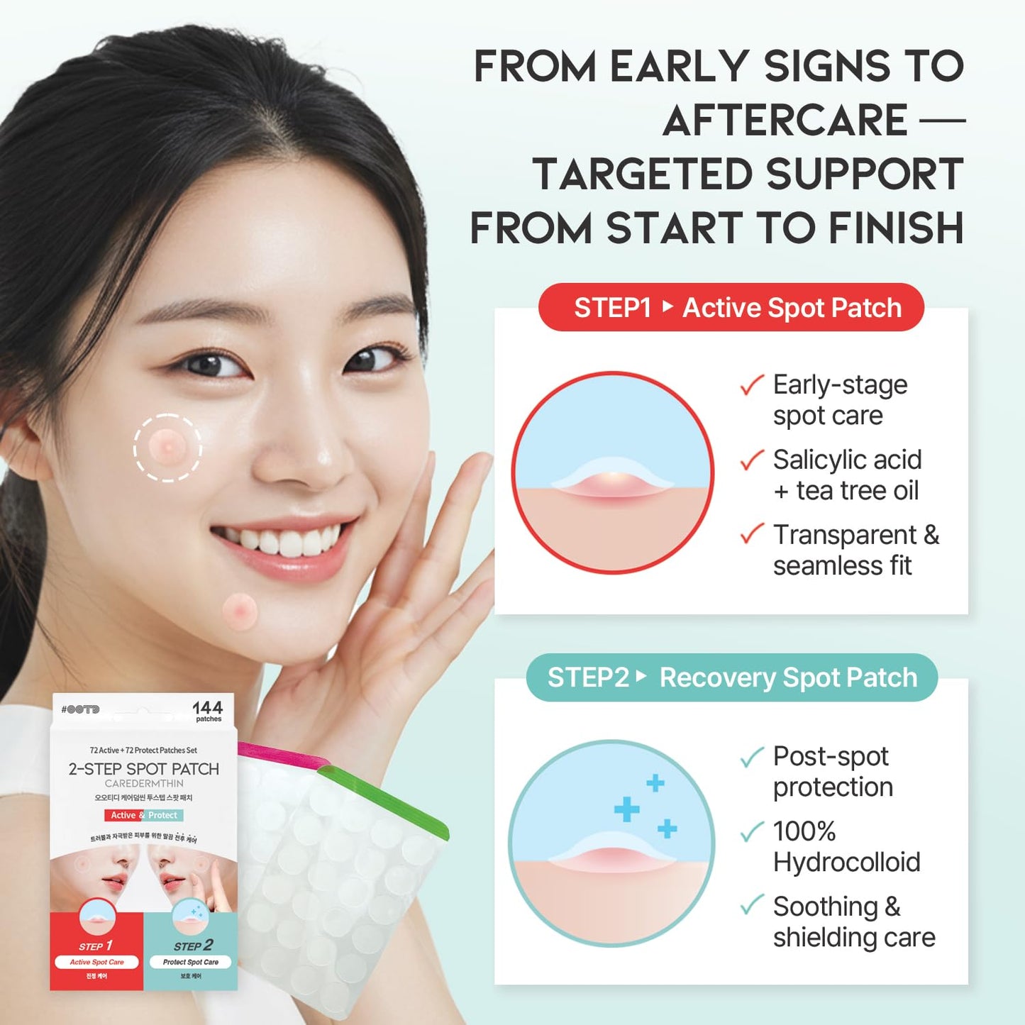 #OOTD Caredermthin 2-Step Spot Patch (144 Dots) - Korean Skincare Patch Set for Targeted Blemish Care – Pre & Post Care