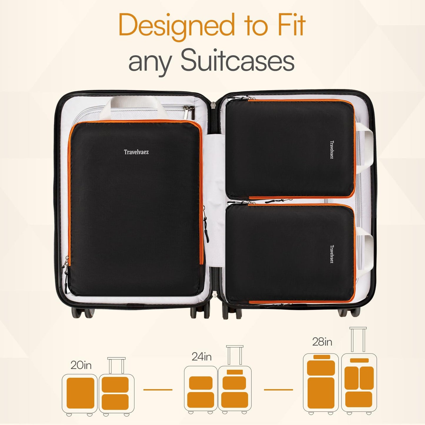 Travelvaez 6 Set Large Compression Packing Cubes, Durable Clothes Organizer for Suitcases and Carry-On Luggage, Expandable and Lightweight Packing Cubes for Travel Compression with Laundry bag, Black