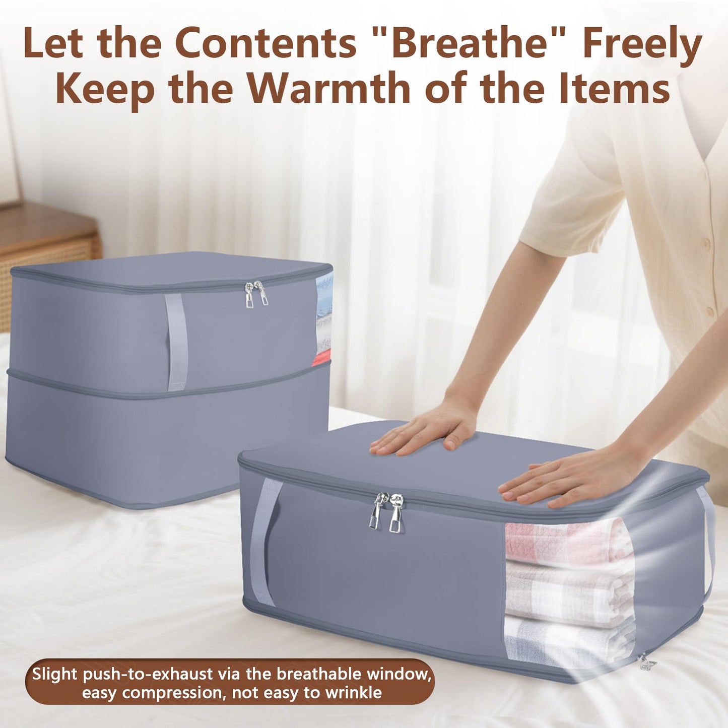 Compression Storage Bags for Clothes, Foldable Reusable Organizers for Down Coats, Comforters, Beddings, Blankets, Self Compression Packing Cubes Space Saver Bags with Dual Zippers, 2 Pack, 40 L, Gray