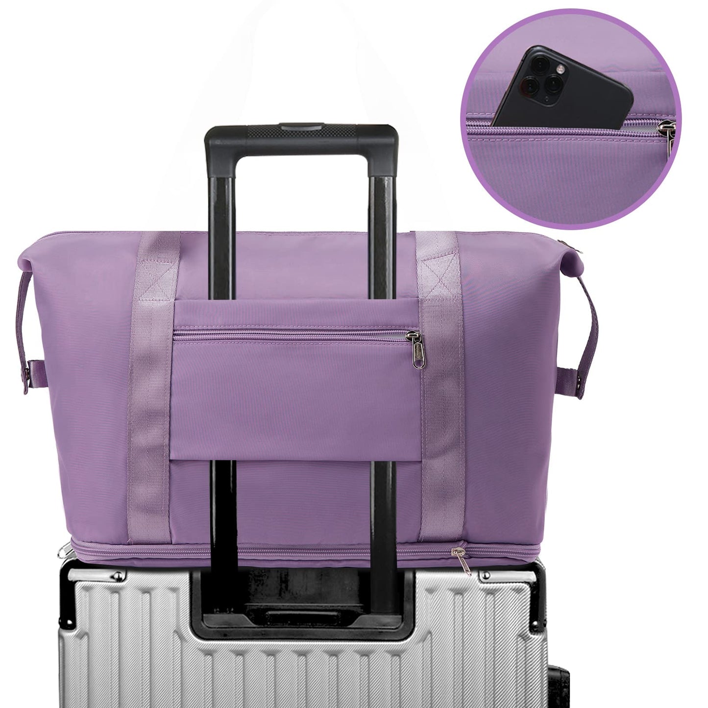 Expandable Travel Tote Bag for Women - Foldable Overnight Weekender, Carry-On, Hospital & Workout Bag - Fits Spirit Airlines Personal Item Size - Lightweight & Durable with Trolley Sleeve, Purple