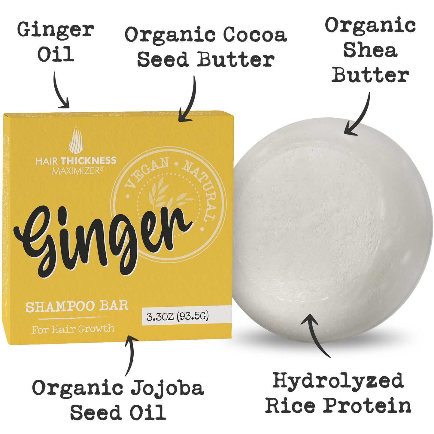 Ginger Shampoo Bar for Hair Growth, Strengthening. Ginger Oil, Rice Protein, Organic Shea Butter. Eco Friendly, Vegan. Color Safe, pH Balanced. No Harsh Chemicals. Higher Concentration vs. Liquid