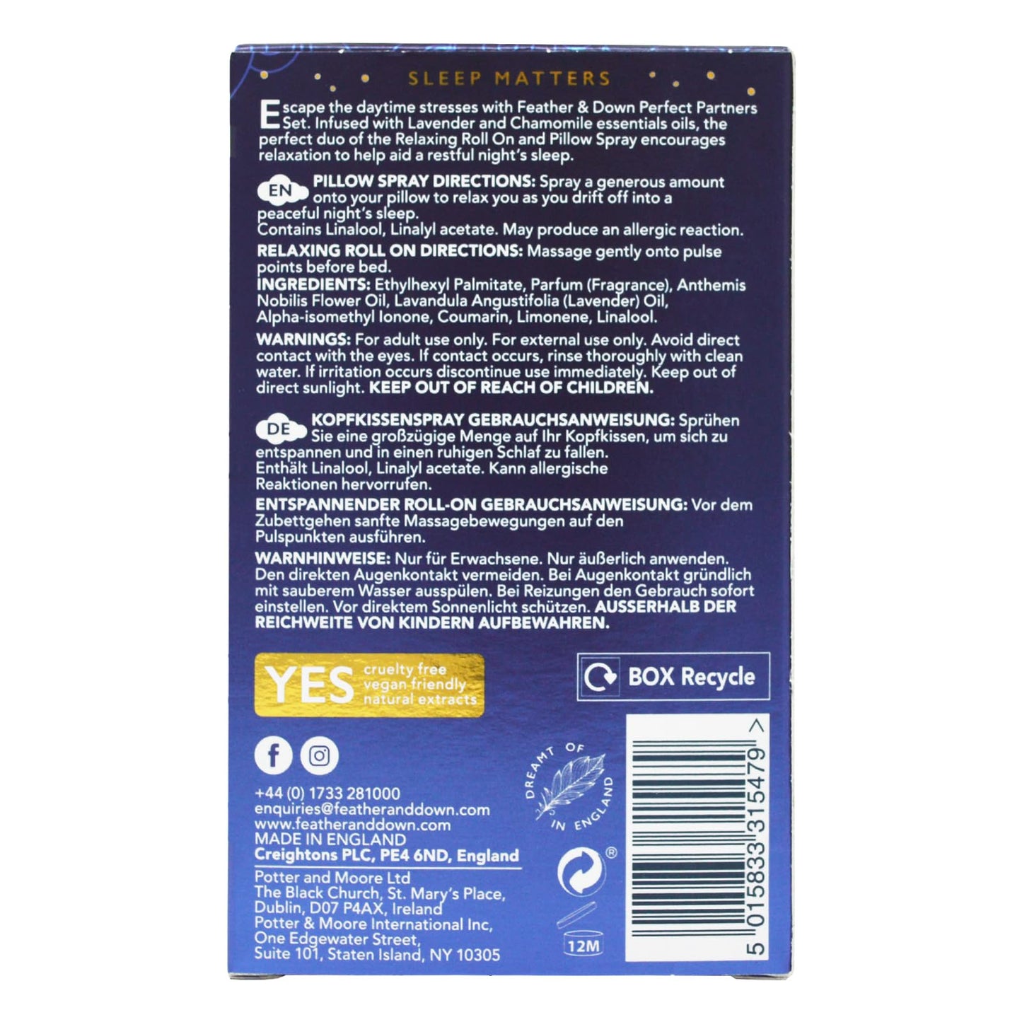 Feather & Down Sweet Dream Perfect Partners Gift Set: 50ml Pillow Spray & 10ml Roll-On, With Calming Lavender & Chamomile Essential Oils, Vegan & Cruelty Free