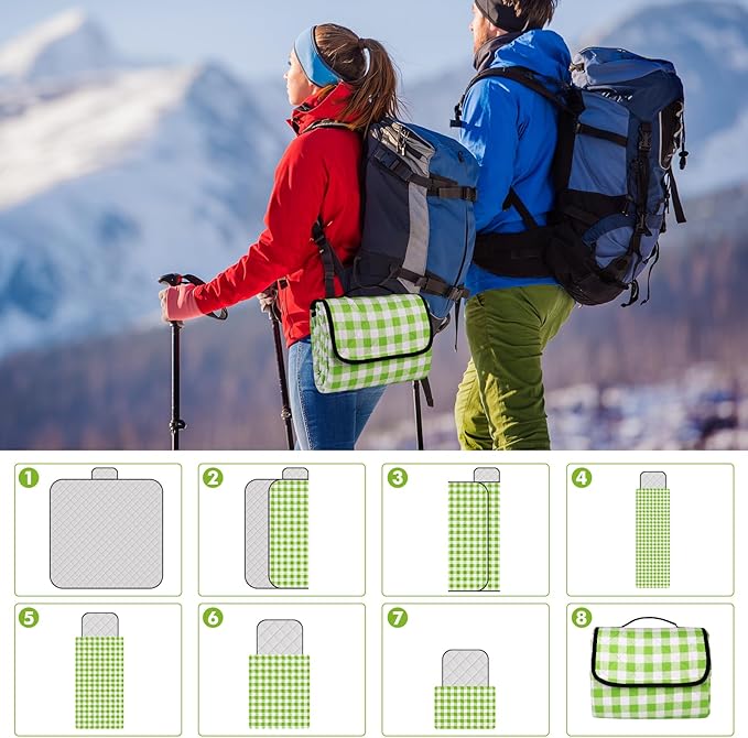 78.7''x78.7'' Extra Large Picnic Beach Blankets, 3 Layers Plaid Waterproof Thickened Foldable Camping Blanket, All-in-one Portable Mat, Suitable for Park, Camping, Outdoor Indoor, Green