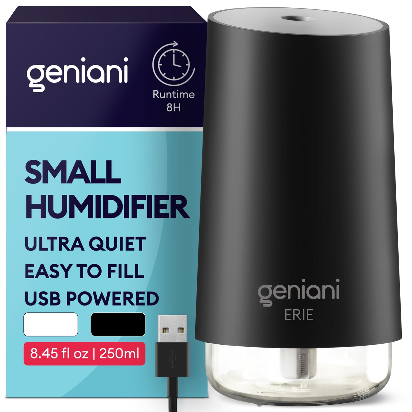 GENIANI Portable Small Cool Mist Humidifier β USB Powered (Not Rechargeable), Compact Desktop Humidifier for Plants, Office, Baby Room β Auto Shut Off & Night Light β Black, 0.25L