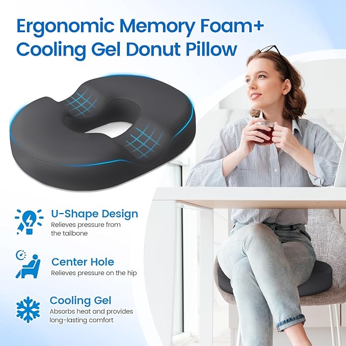 Donut Pillow Seat Cushion - Cooling Gel Floor Pillow, Memory Foam Floor Cushion for Office & Home, Car Seat, Hemorrhoids Pillow, Sciatica & Tailbone Pain Relief Chair Cushion, Grey-XL