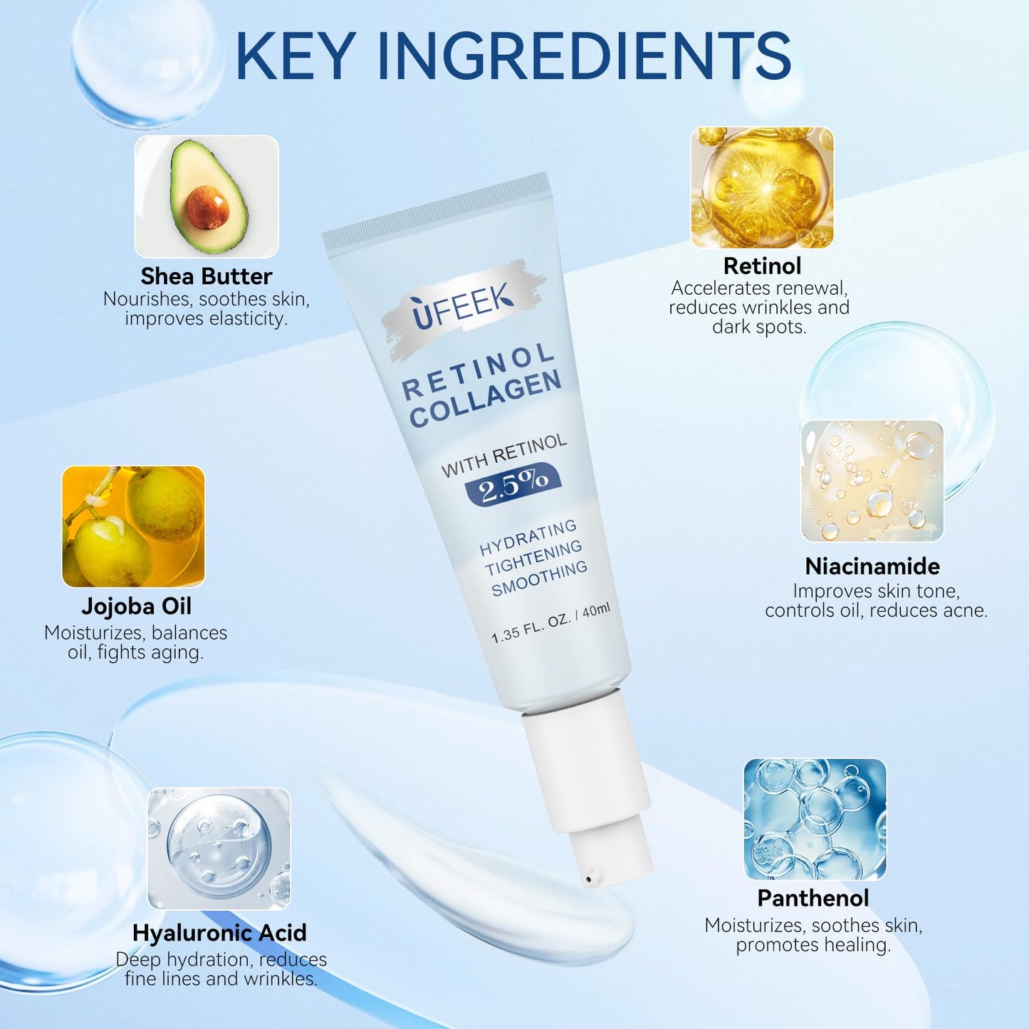 Retinol Moisturizer Face Cream with Collagen, Hyaluronic Acid – Anti Aging & Hydrating Cream for Face, Chest & Body – Instant Face Lift Cream, Neck wrinkle cream for Men & Women, 1.35 FL OZ