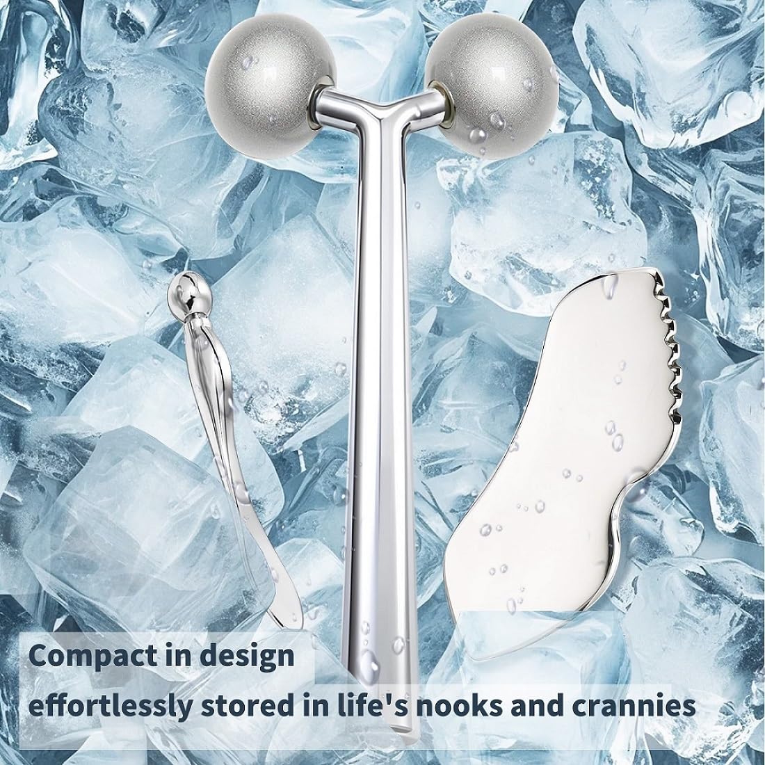 annrose 3-in-1 Stainless Steel Facial Massage Set, Face Roller, Gua Sha Tool, Eye Cream Applicator, Silver,Gifts for Women and Girl