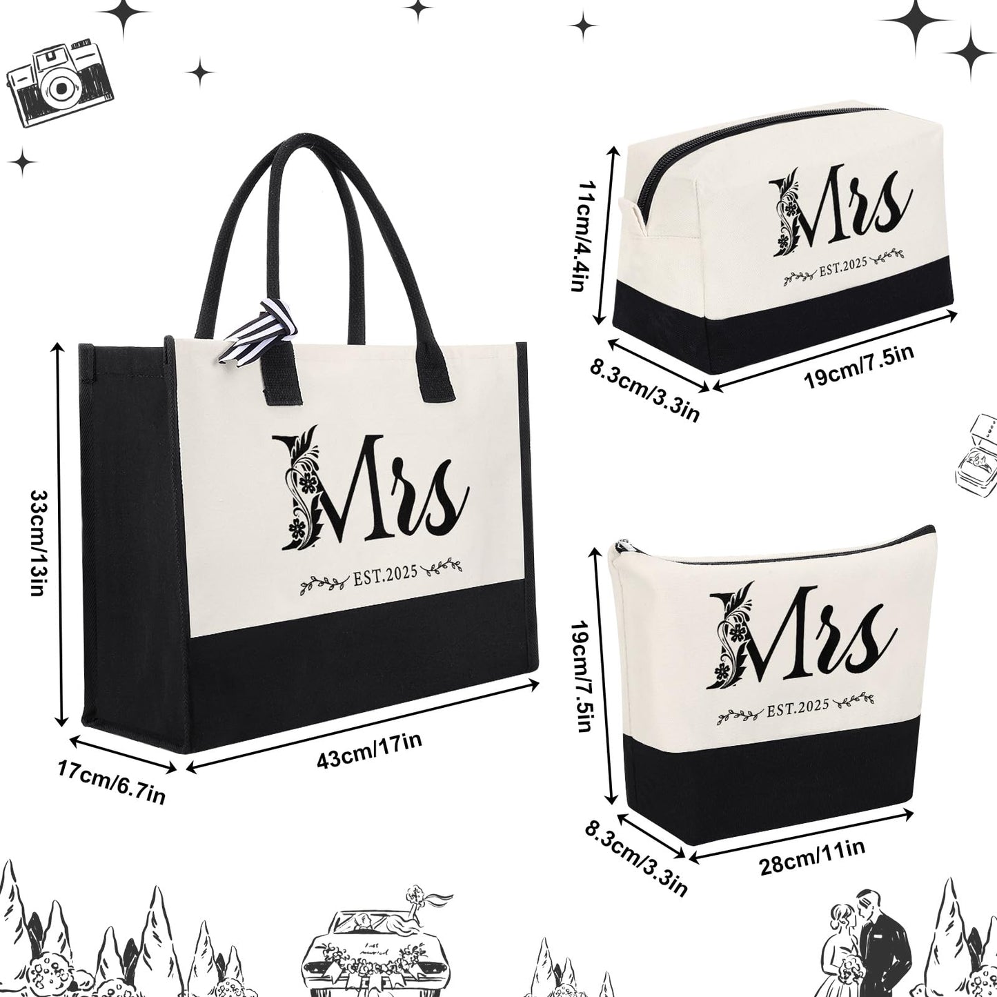 HOMIEE 3PCS Bride Canvas Tote Bag, Wedding Gifts for Bridal Shower Bachelorette Party Engagement Honeymoon Miss to Mrs (Mrs 2025)